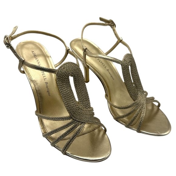 8.5 Adrianna Papell Gold Metallic Rope Strappy Open-Toe Heels Adjustable Ankle - Picture 1 of 12